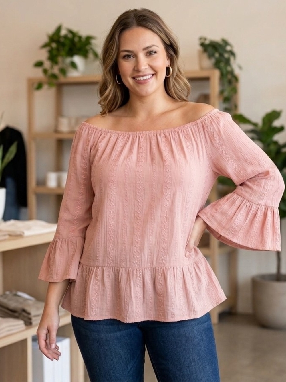 Off-the-Shoulder Dusty Pink Peplum Blouse - Women Tops